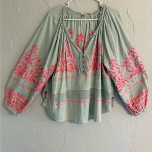 Free People Boho Embroidered Peasant Blouse in Mint with Pink Accents